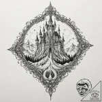 Haunted crown beneath spectral spire, ink ill… – tattoo sketch (№1752250234_0, 11.07.2025 16:10) — tattoovalue.net