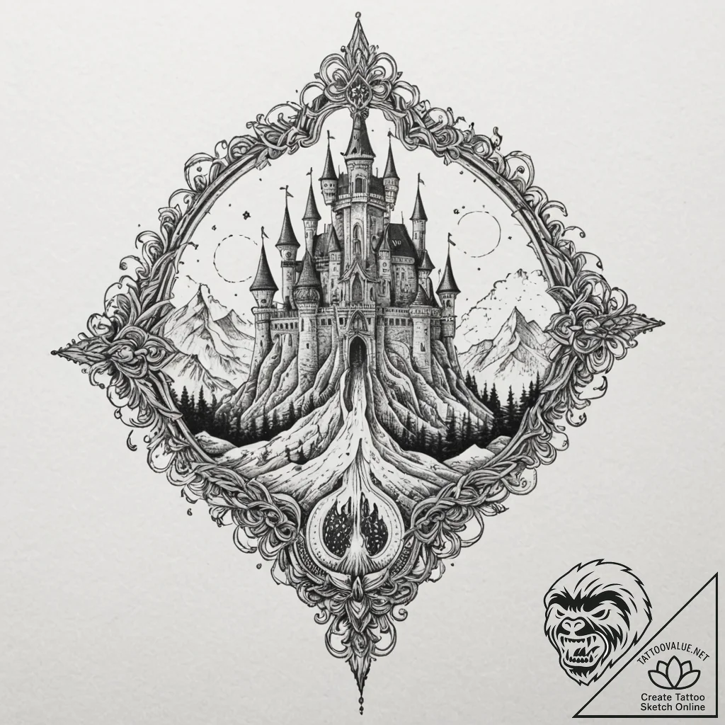 Haunted crown beneath spectral spire, ink ill... - tattoo sketch (№1752250234_0, 11.07.2025 16:10) — tattoovalue.net
