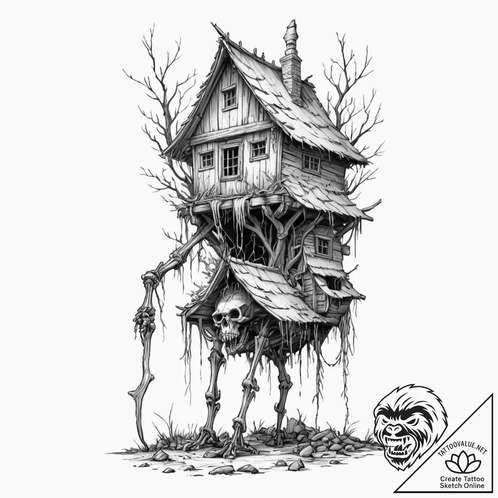 Baba yaga's hut walking on skeletal bird legs... - tattoo sketch (№1752250910_0, 11.07.2025 16:21) — tattoovalue.net