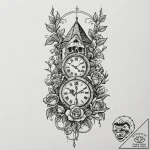 Clock tower entwined with vines, tattoo flash… – tattoo sketch (№1752252852_0, 11.07.2025 16:54) — tattoovalue.net