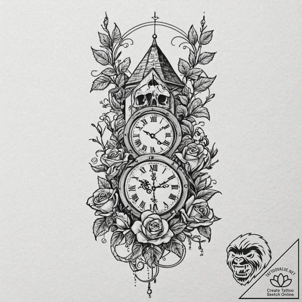Clock tower entwined with vines, tattoo flash... - tattoo sketch (№1752252852_0, 11.07.2025 16:54) — tattoovalue.net