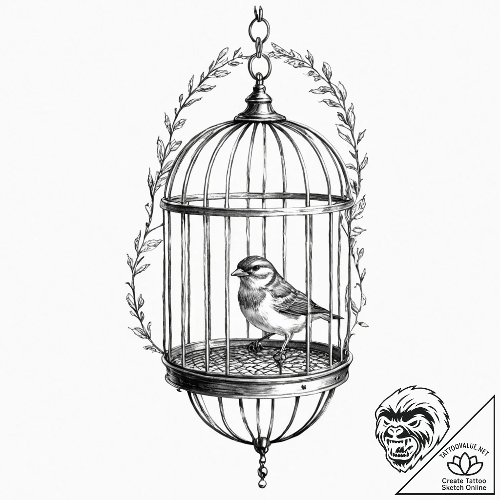 Bird and cage - tattoo sketch (№1752253701_0, 11.07.2025 17:08) — tattoovalue.net