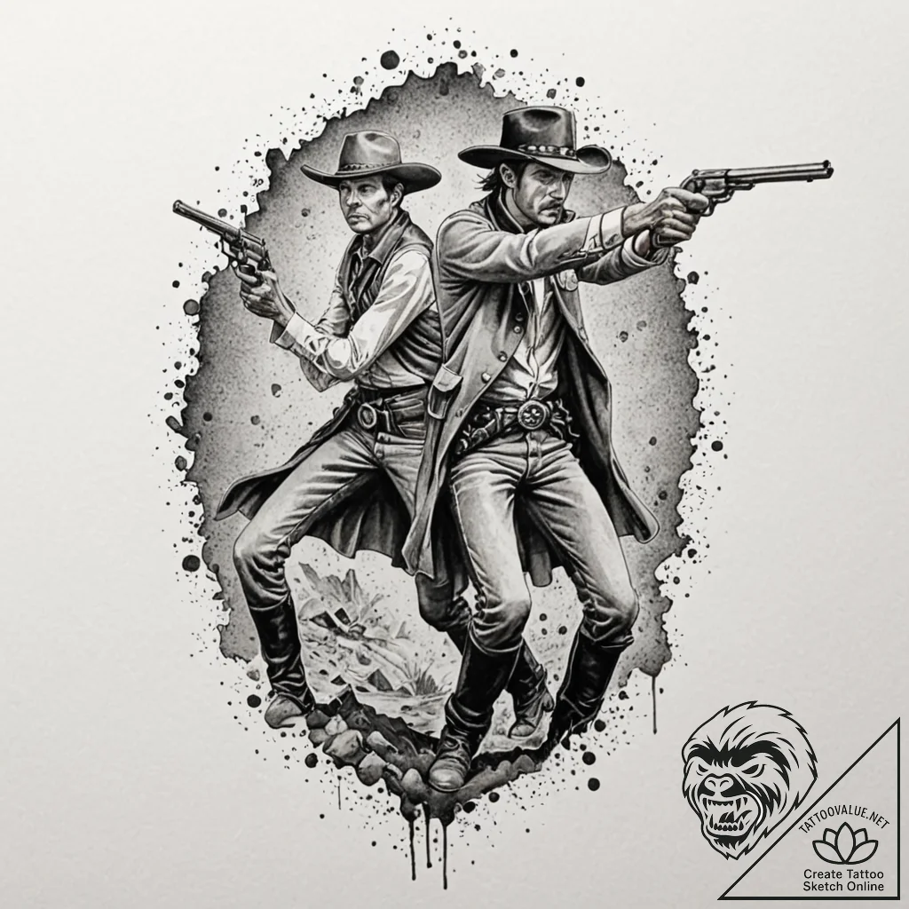 Wild west gunslinger duel, ink illustration f... - tattoo sketch (№1752253785_0, 11.07.2025 17:09) — tattoovalue.net