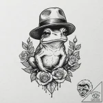 Frog wearing a mushroom cap hat, tattoo line… – tattoo sketch (№1752254287_0, 11.07.2025 17:18) — tattoovalue.net