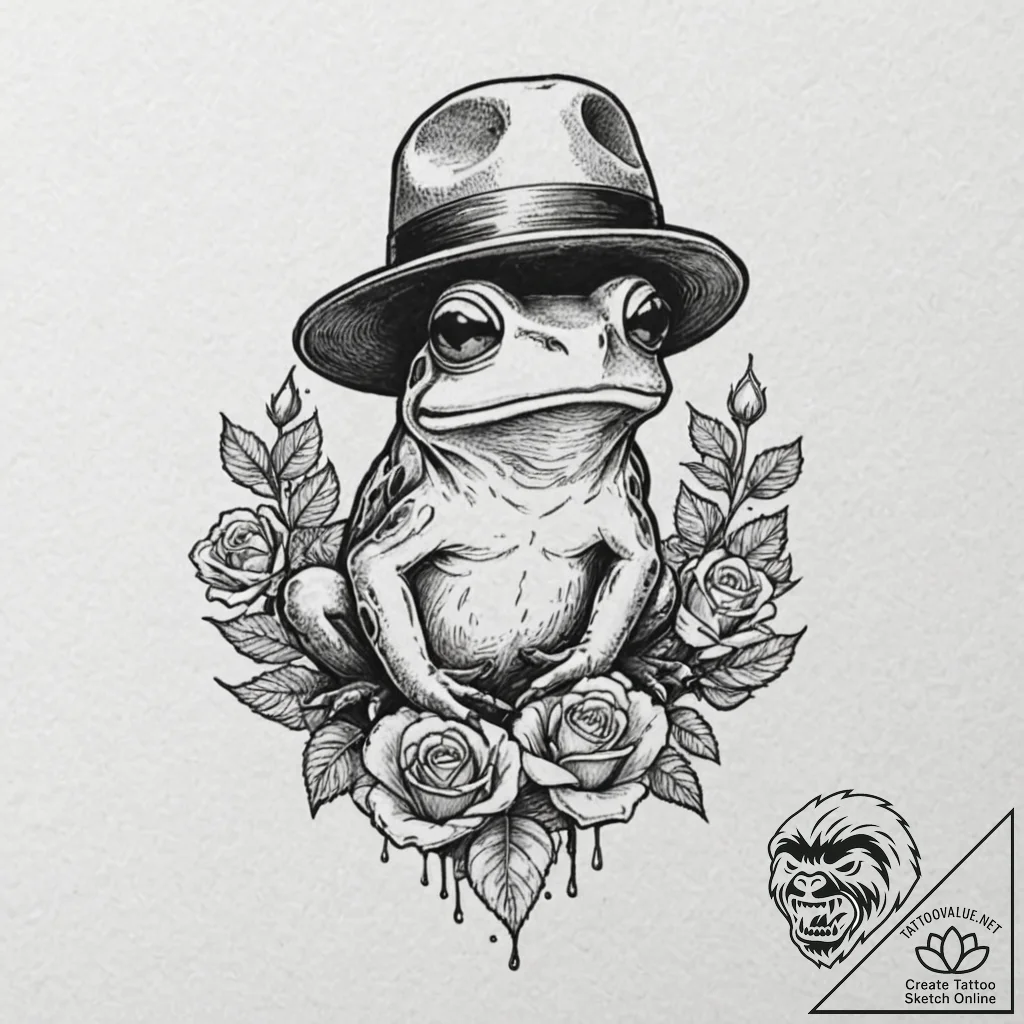Frog wearing a mushroom cap hat, tattoo line... - tattoo sketch (№1752254287_0, 11.07.2025 17:18) — tattoovalue.net