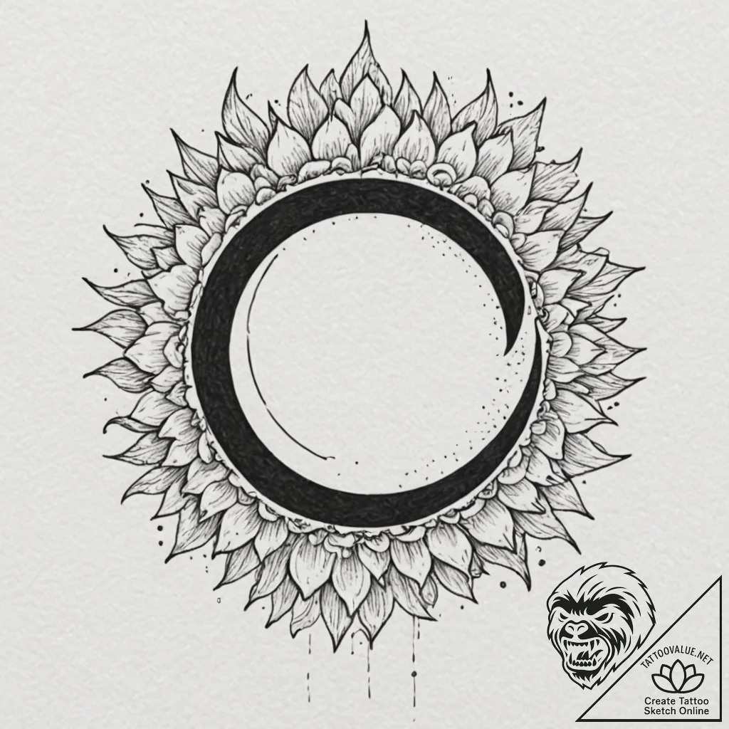Eclipse bloom breaking through void, ink illu... - tattoo sketch (№1752255037_0, 11.07.2025 17:30) — tattoovalue.net