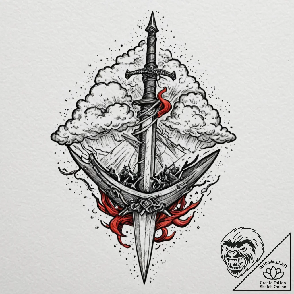 Dagger splitting storm clouds, artistic tatto... - tattoo sketch (№1752255203_0, 11.07.2025 17:33) — tattoovalue.net