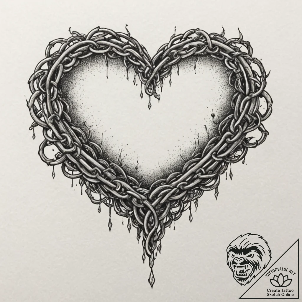 Apocalyptic chains around burning heart, conc... - tattoo sketch (№1752255622_0, 11.07.2025 17:40) — tattoovalue.net