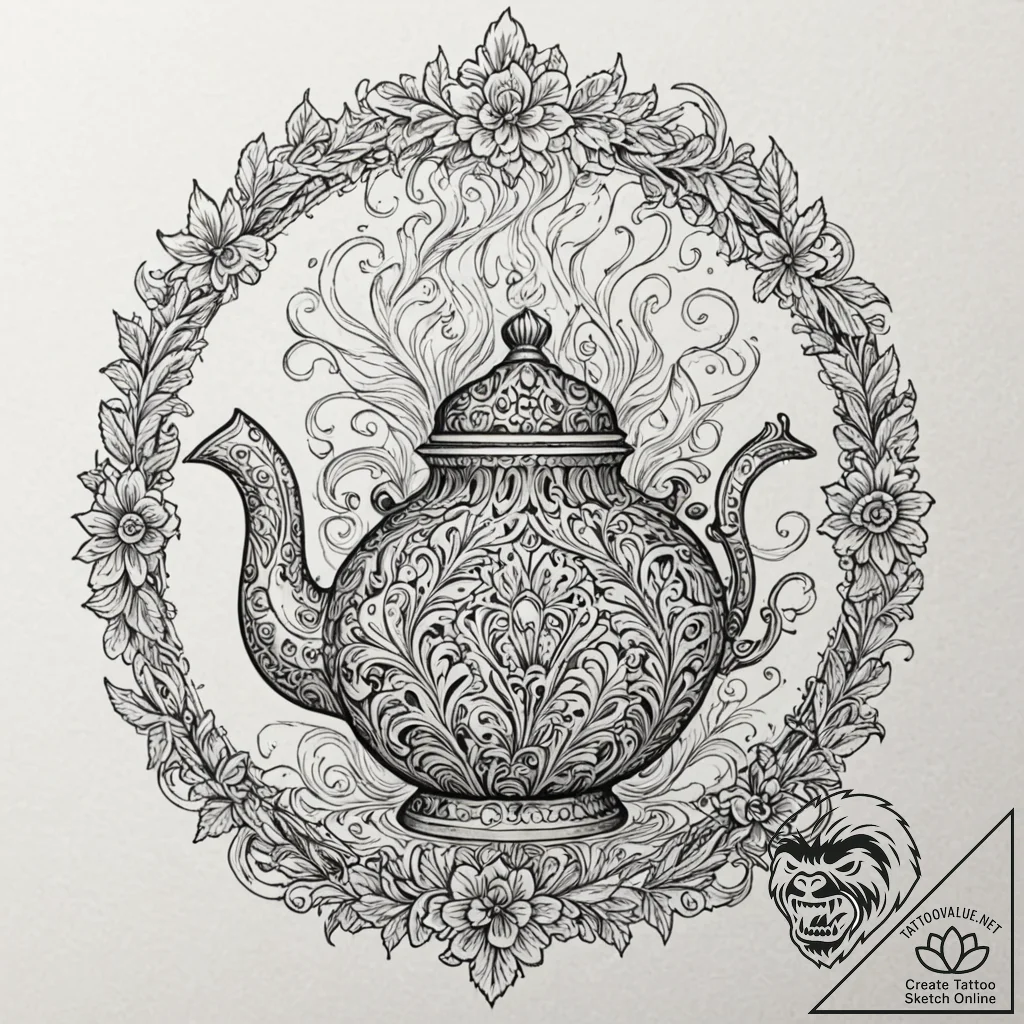 Kettle with spectral smoke, tattoo flash shee... - tattoo sketch (№1752255706_0, 11.07.2025 17:41) — tattoovalue.net