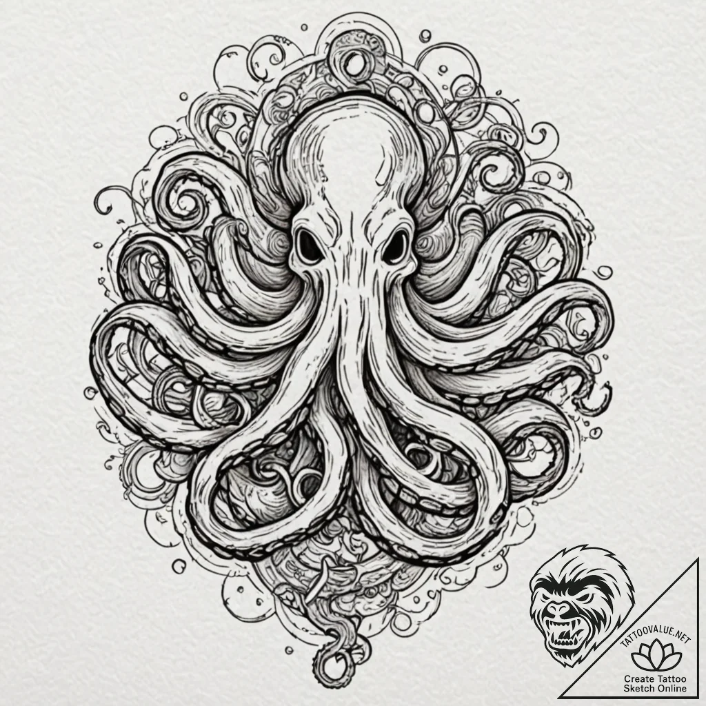 Kraken tendrils in cosmic storm, tattoo sketc... - tattoo sketch (№1752255873_0, 11.07.2025 17:44) — tattoovalue.net