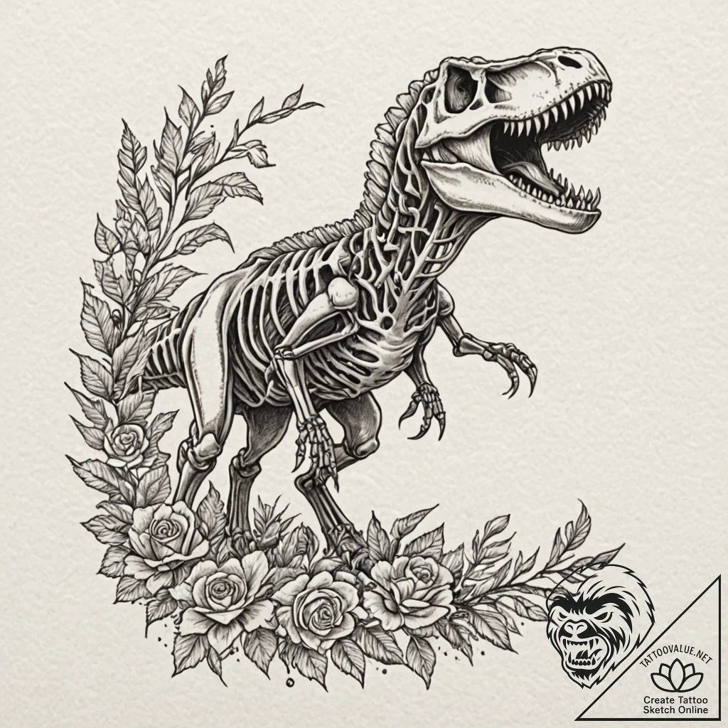 T-rex skeleton, but re-animated and roaring,... - tattoo sketch (№1752256125_0, 11.07.2025 17:48) — tattoovalue.net