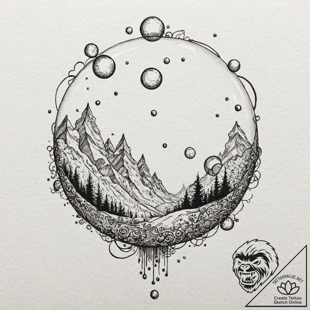A whimsical bubble floating towards sky, asce... - tattoo sketch (№1752256461_0, 11.07.2025 17:54) — tattoovalue.net