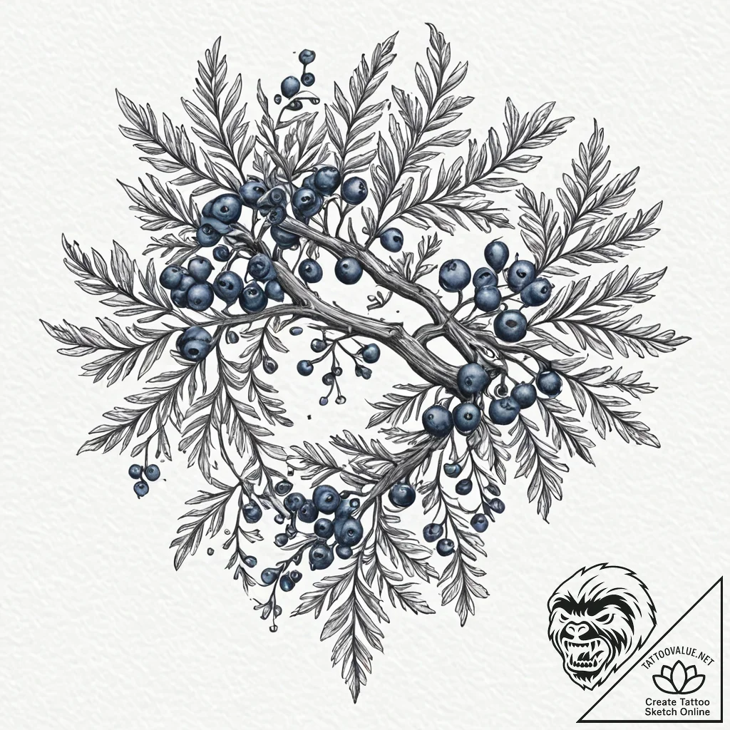 Juniper branch with detailed, blue-grey berri... - tattoo sketch (№1752256711_0, 11.07.2025 17:58) — tattoovalue.net