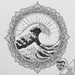 Rising sun over a traditional japanese wave,… – tattoo sketch (№1752256795_0, 11.07.2025 17:59) — tattoovalue.net