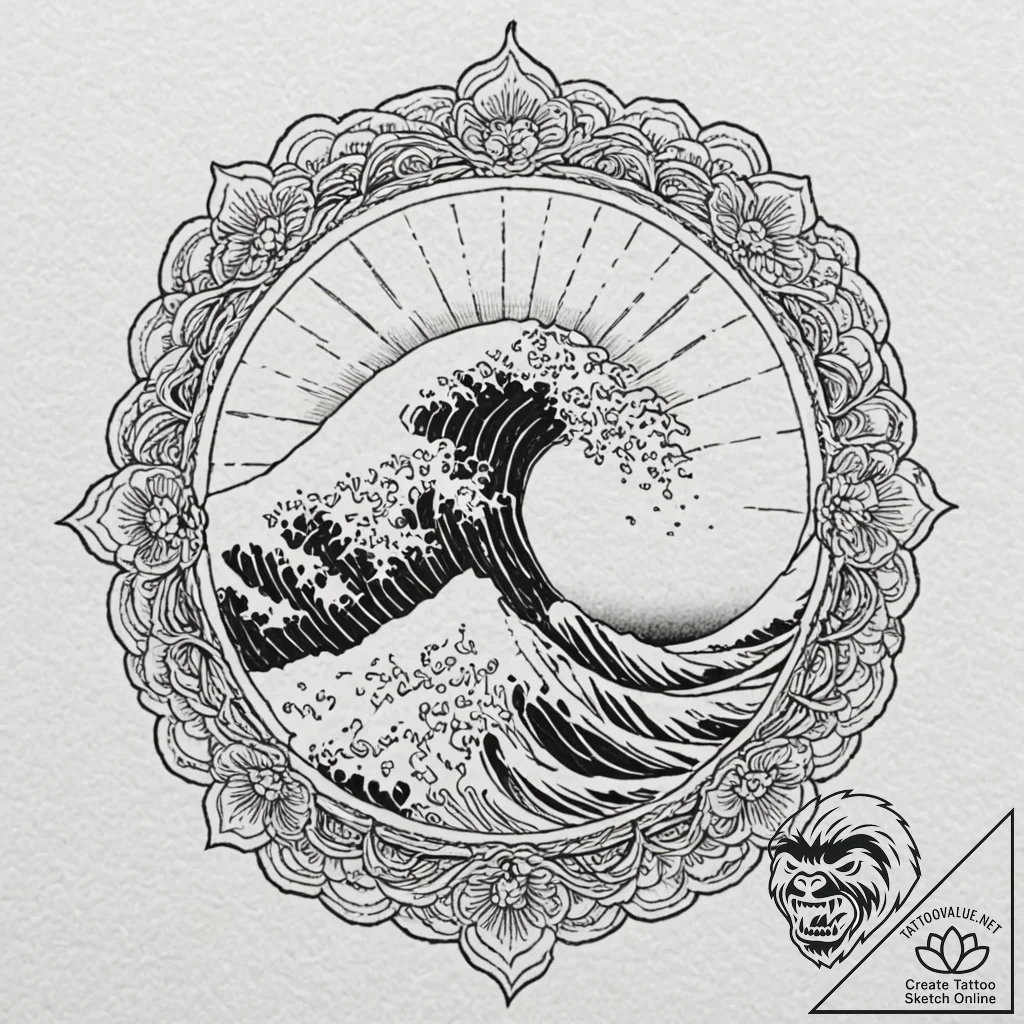 Rising sun over a traditional japanese wave,... - tattoo sketch (№1752256795_0, 11.07.2025 17:59) — tattoovalue.net