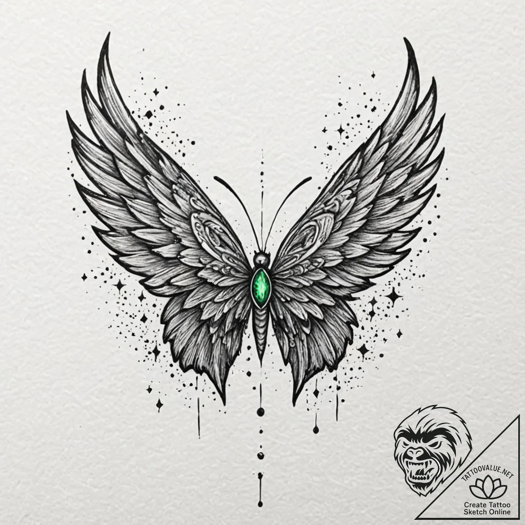 Emerald wings among stars, tattoo sketch desi... - tattoo sketch (№1752257632_0, 11.07.2025 18:13) — tattoovalue.net