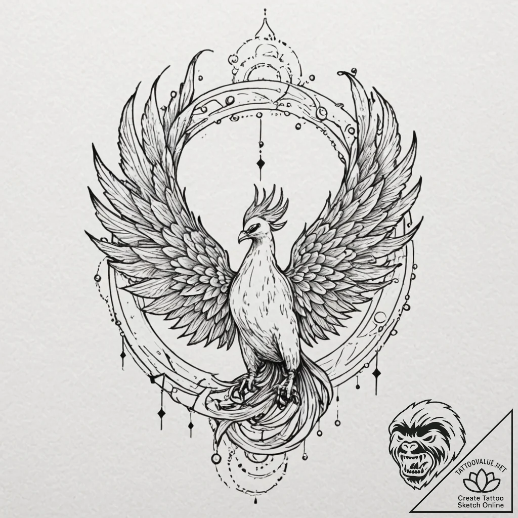Astral phoenix reborn in nebula, ink illustra... - tattoo sketch (№1752257716_0, 11.07.2025 18:15) — tattoovalue.net