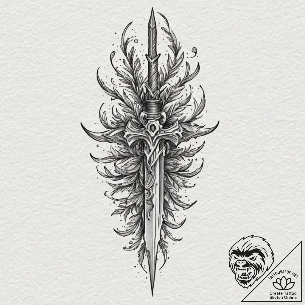 Dagger emerging from spectral tree, tattoo sk... - tattoo sketch (№1752258304_0, 11.07.2025 18:25) — tattoovalue.net