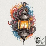 Burning lantern guarded by serpent, ink illus… – tattoo sketch (№1752258640_0, 11.07.2025 18:30) — tattoovalue.net