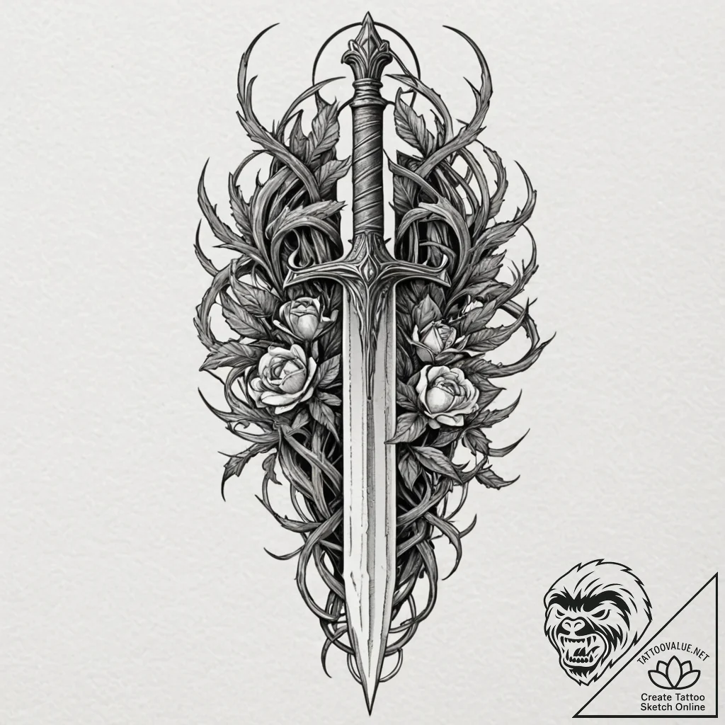 Dagger between cursed thorns, tattoo line art... - tattoo sketch (№1752258724_0, 11.07.2025 18:32) — tattoovalue.net