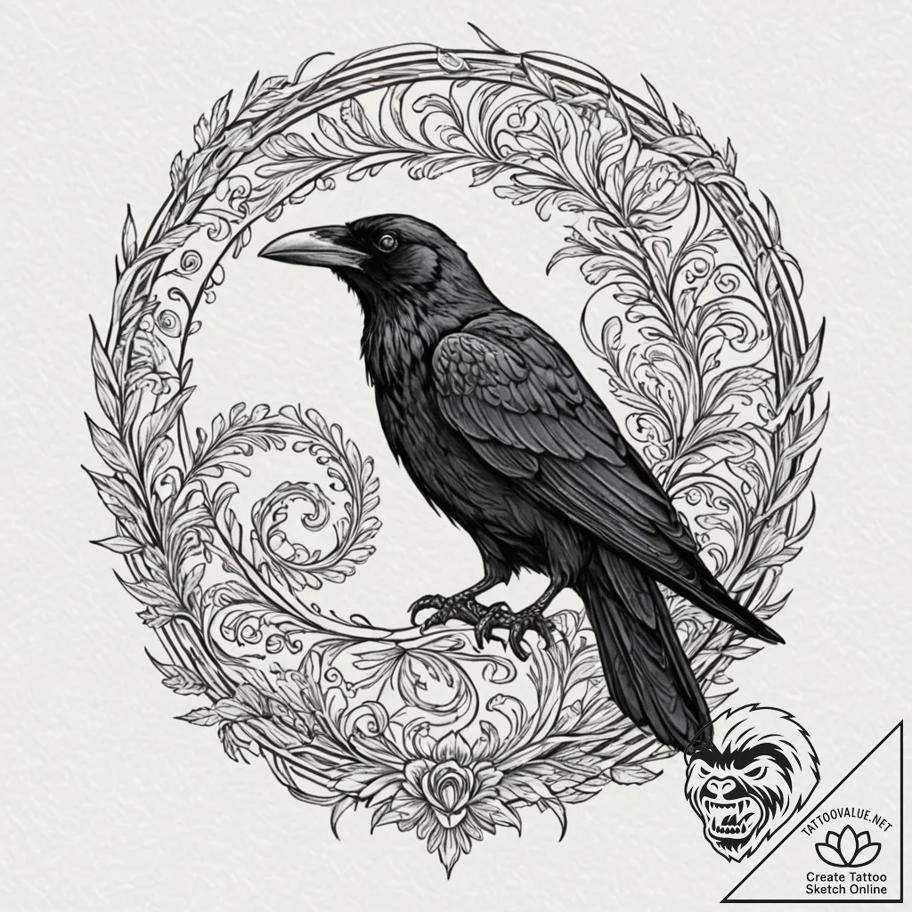 Raven spiral etched in bone, tattoo flash she... - tattoo sketch (№1752258807_0, 11.07.2025 18:33) — tattoovalue.net