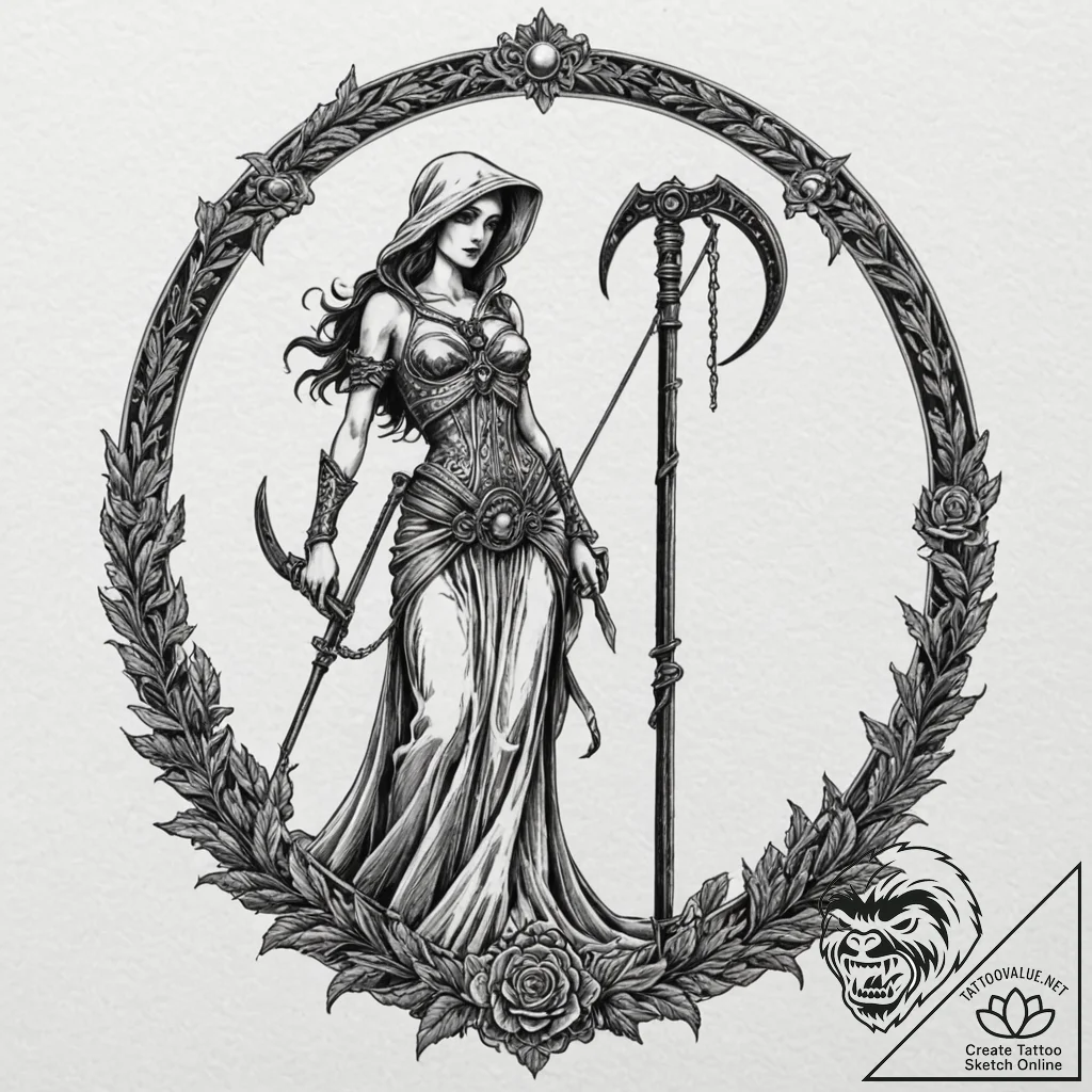 Reaper's scythe leaning against an hourglass,... - tattoo sketch (№1752259312_0, 11.07.2025 18:41) — tattoovalue.net