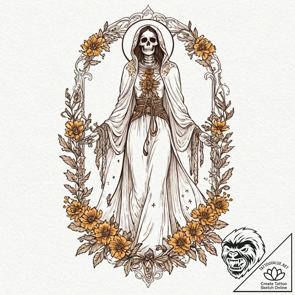 Santa muerte with a gown of marigolds and sta... - tattoo sketch (№1752260732_0, 11.07.2025 19:05) — tattoovalue.net