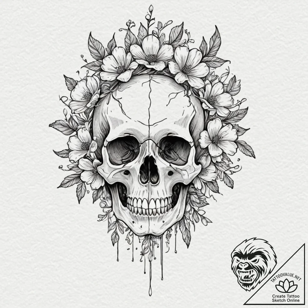 Bone flowers blooming from skull, concept art... - tattoo sketch (№1752261488_0, 11.07.2025 19:18) — tattoovalue.net