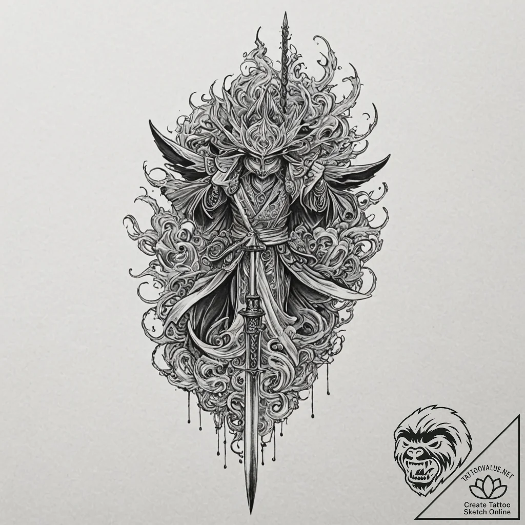 Katana beneath haunted shrine, concept art fo... - tattoo sketch (№1752262328_0, 11.07.2025 19:32) — tattoovalue.net