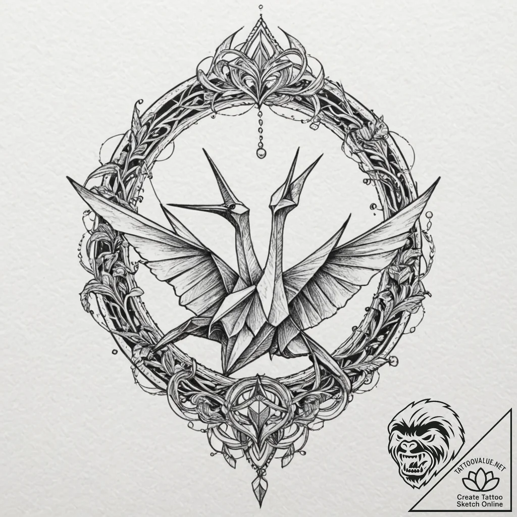 Origami crane turning into a real bird mid-fl... - tattoo sketch (№1752263000_0, 11.07.2025 19:43) — tattoovalue.net