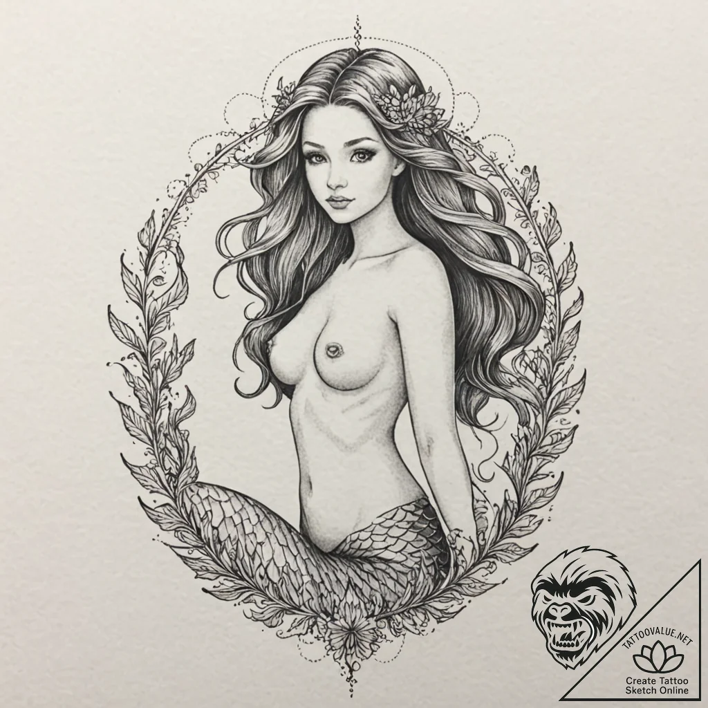 Mermaid, tattoo sketch design, on a clean whi... - tattoo sketch (№1752263251_0, 11.07.2025 19:47) — tattoovalue.net