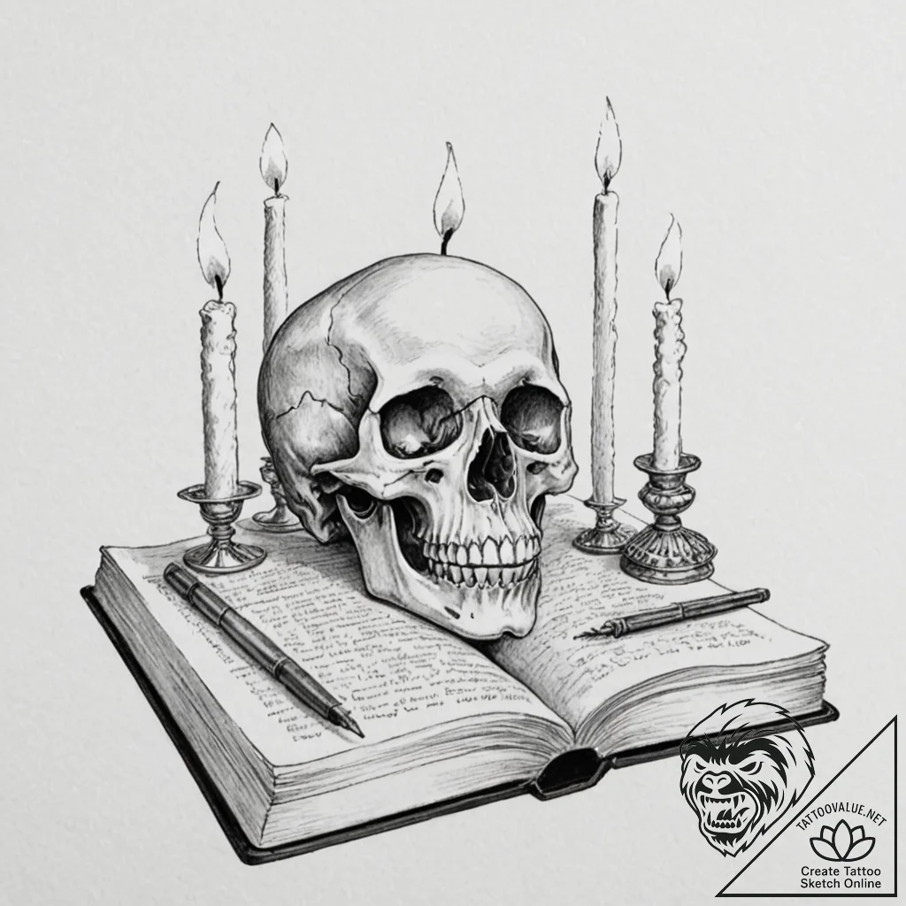 Vanitas still life (skull, candle, book), art... - tattoo sketch (№1752263335_0, 11.07.2025 19:48) — tattoovalue.net