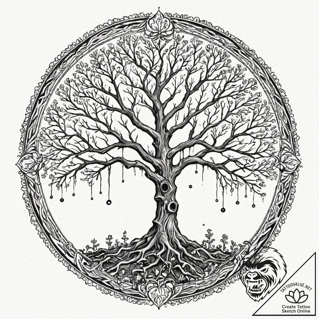 Tree of bones beneath celestial bloom, concep... - tattoo sketch (№1752263502_0, 11.07.2025 19:51) — tattoovalue.net