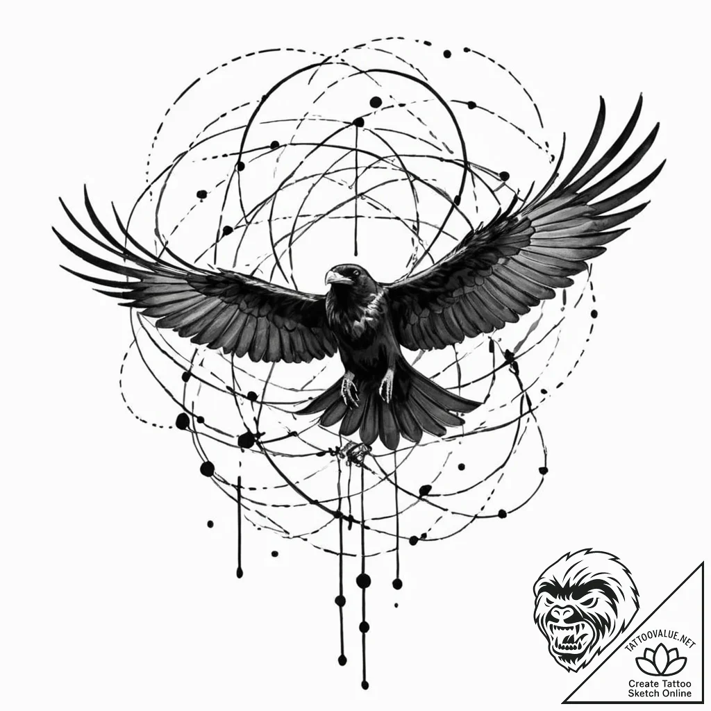 Atomic raven calling from data vortex, ink il... - tattoo sketch (№1752265100_0, 11.07.2025 20:18) — tattoovalue.net