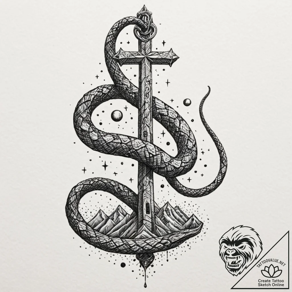 Hallowed serpent beneath celestial spire, con... - tattoo sketch (№1752265350_0, 11.07.2025 20:22) — tattoovalue.net