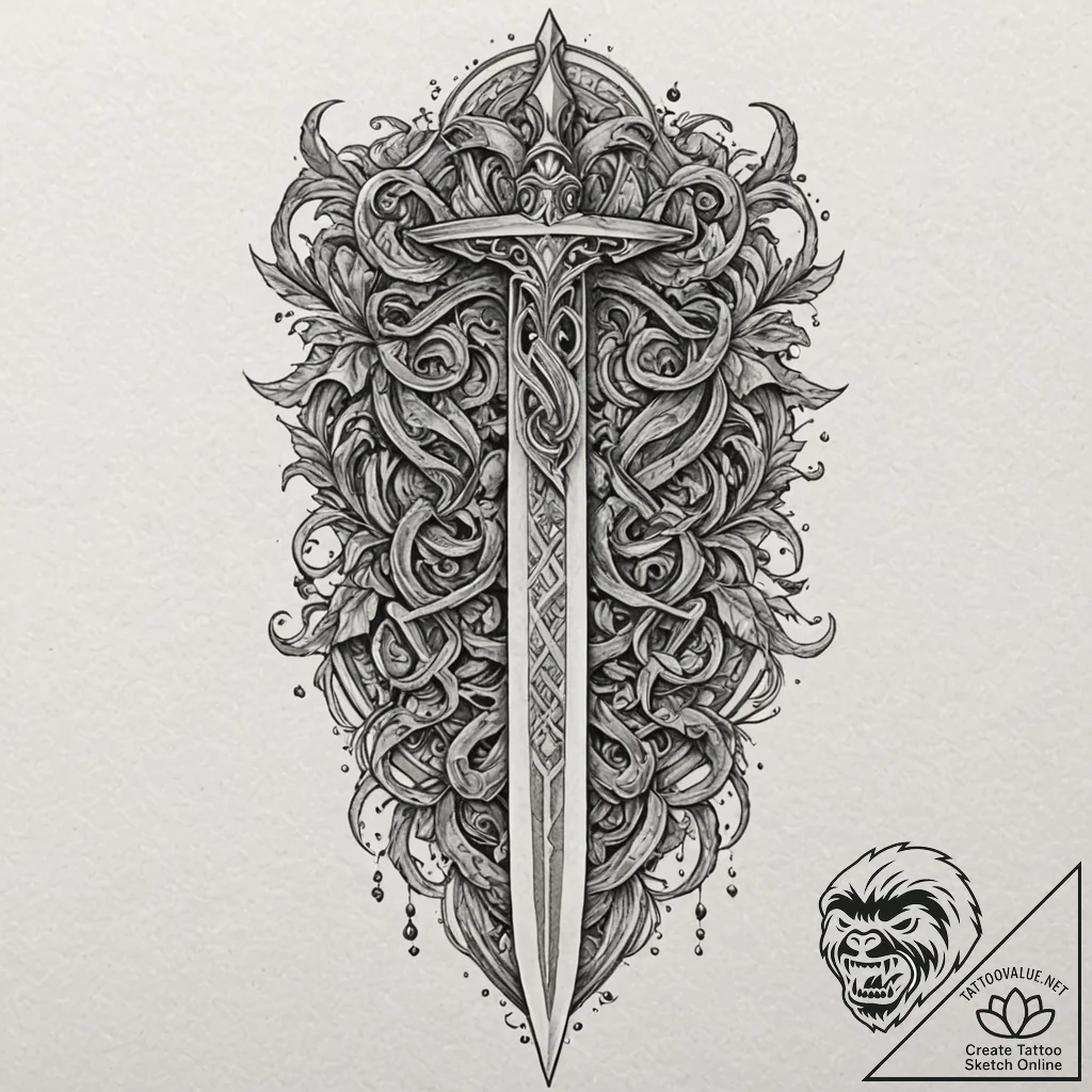 Dagger carved with runes, ink illustration fo... - tattoo sketch (№1752265939_0, 11.07.2025 20:32) — tattoovalue.net