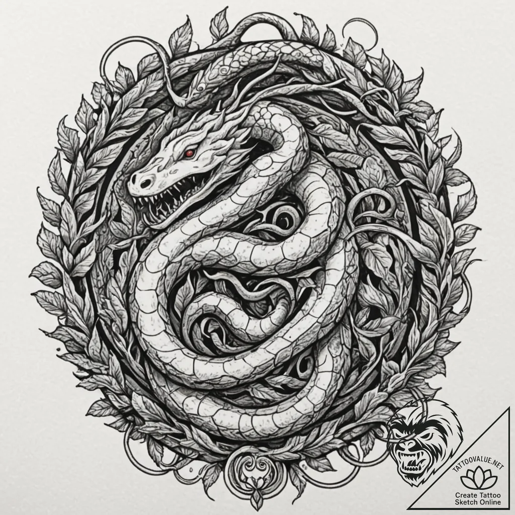 Serpent roots devouring ancient seal, tattoo... - tattoo sketch (№1752266108_0, 11.07.2025 20:35) — tattoovalue.net