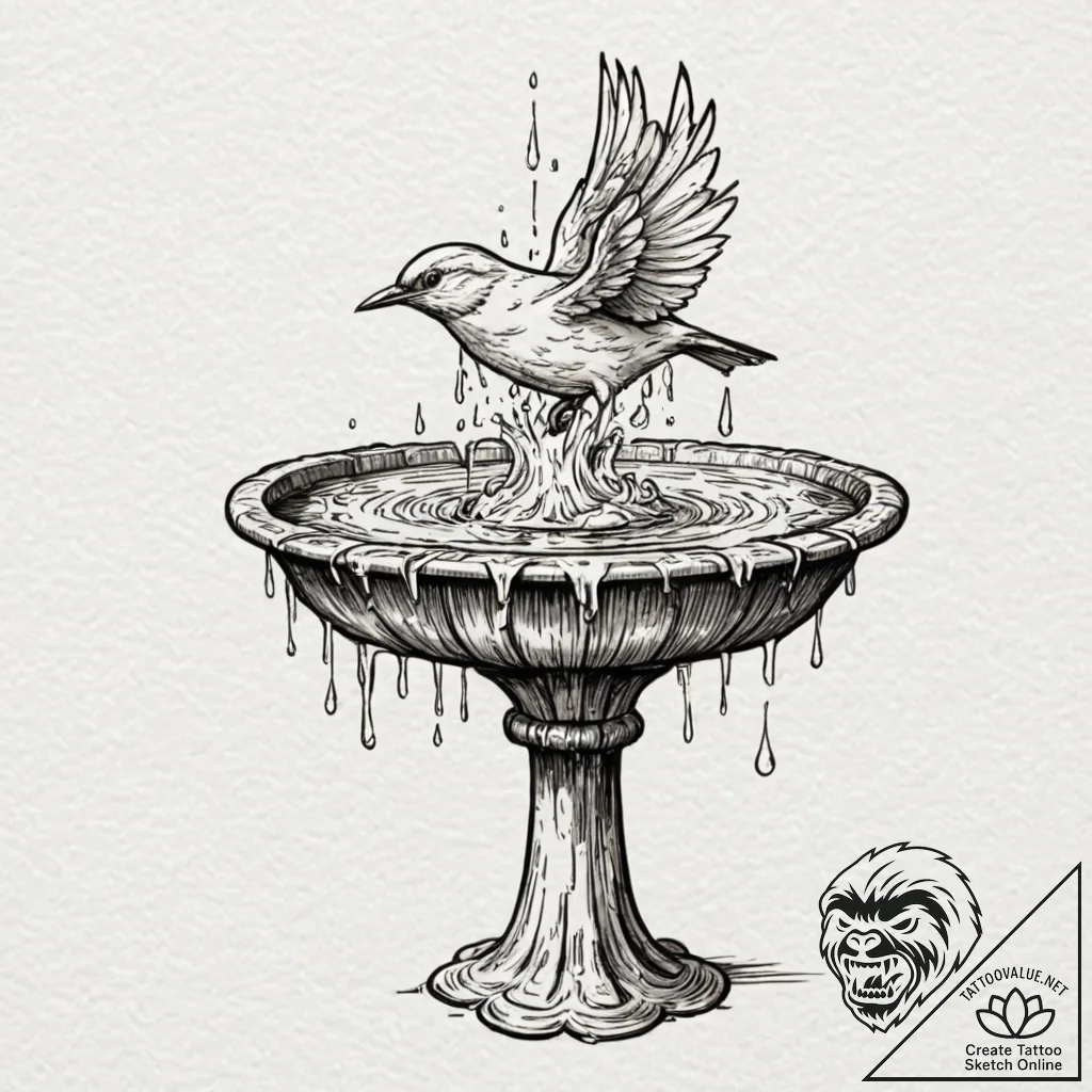 A whimsical bird in a birdbath splashing, ref... - tattoo sketch (№1752266191_0, 11.07.2025 20:36) — tattoovalue.net