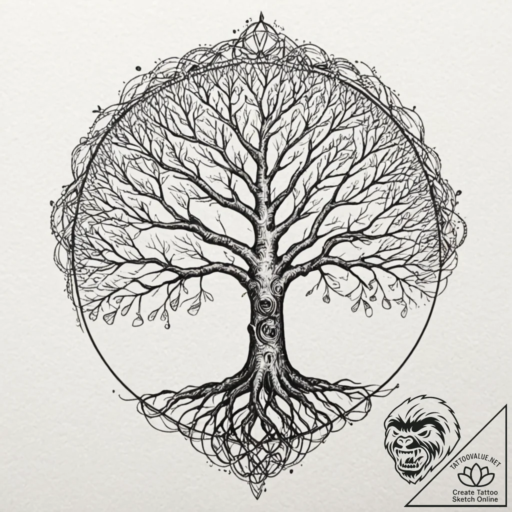 Yggdrasil, the world tree, depicted as a mass... - tattoo sketch (№1752266274_0, 11.07.2025 20:37) — tattoovalue.net