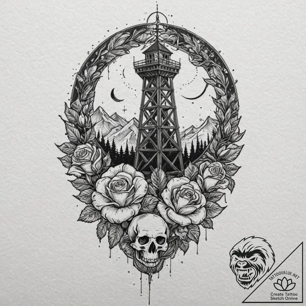 Eclipse above burning tower, tattoo drawing o... - tattoo sketch (№1752266608_0, 11.07.2025 20:43) — tattoovalue.net