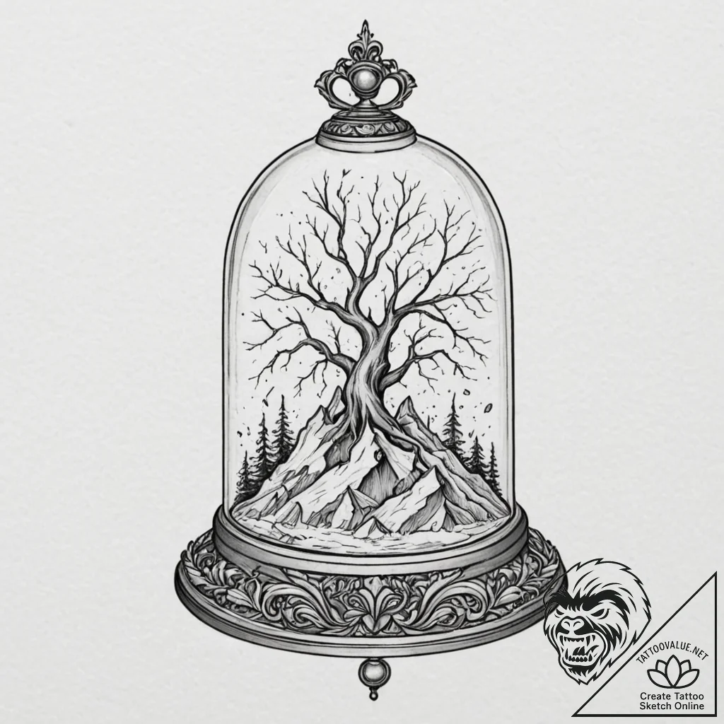 Bell jar containing a miniature, self-contain... - tattoo sketch (№1752266859_0, 11.07.2025 20:47) — tattoovalue.net