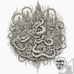 Apocalyptic serpent crushing city, tattoo fla… – tattoo sketch (№1752267027_0, 11.07.2025 20:50) — tattoovalue.net