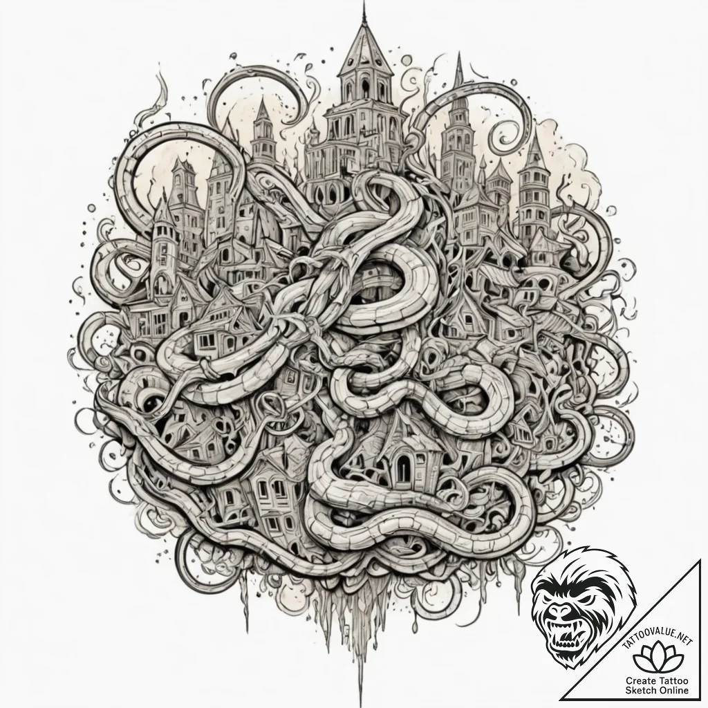 Apocalyptic serpent crushing city, tattoo fla... - tattoo sketch (№1752267027_0, 11.07.2025 20:50) — tattoovalue.net