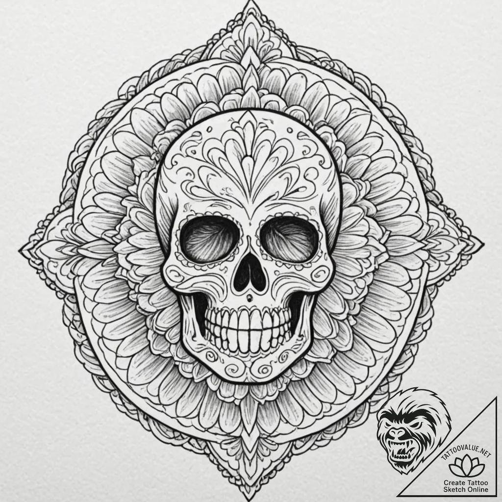 Sugar skull, artistic tattoo sketch, on a cle... - tattoo sketch (№1752267530_0, 11.07.2025 20:58) — tattoovalue.net