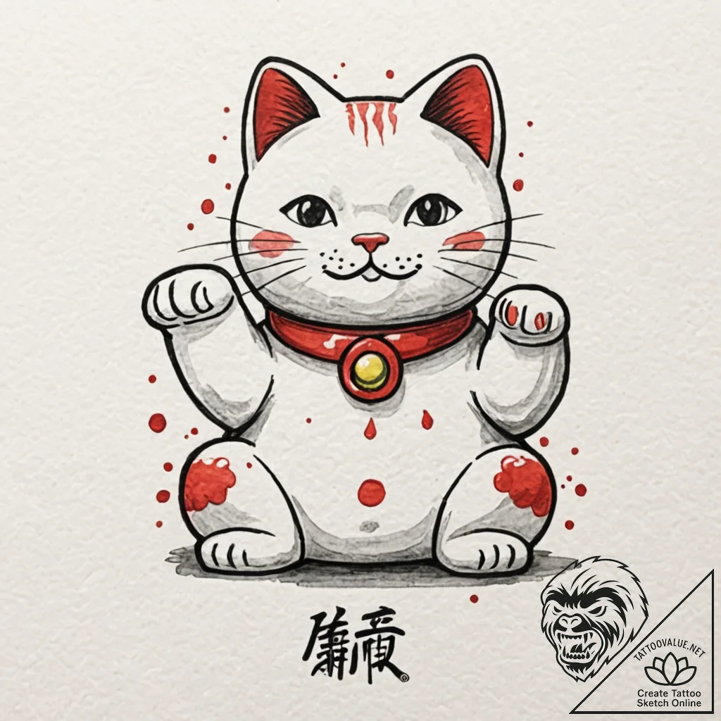 Lucky cat (maneki-neko) waving, tattoo drawin... - tattoo sketch (№1752267696_0, 11.07.2025 21:01) — tattoovalue.net