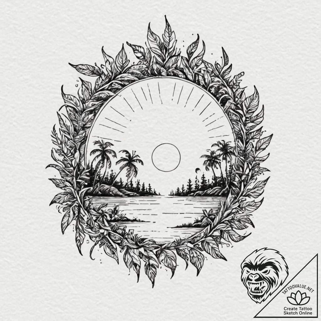Jungle relic beneath eclipsed sun, artistic t... - tattoo sketch (№1752267779_0, 11.07.2025 21:02) — tattoovalue.net