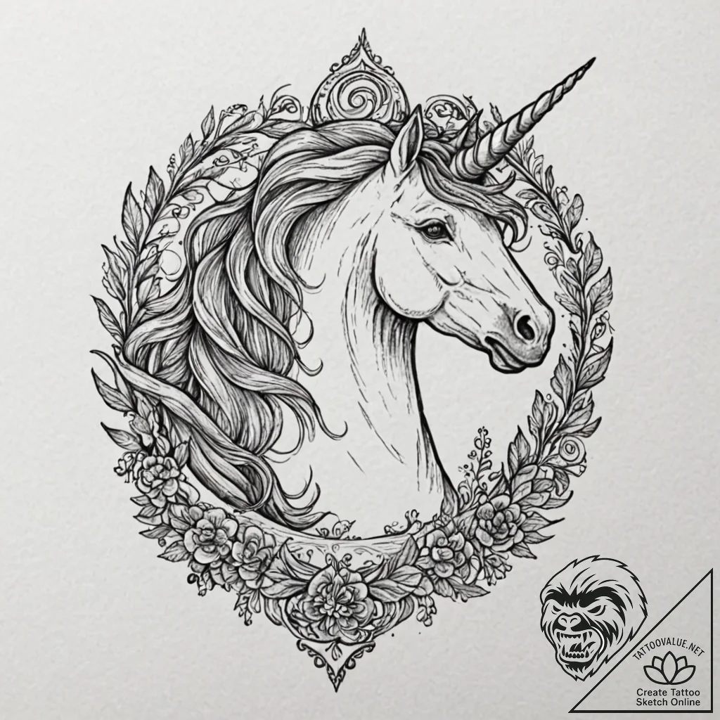Unicorn with a horn of spiraling darkness, ar... - tattoo sketch (№1752267947_0, 11.07.2025 21:05) — tattoovalue.net