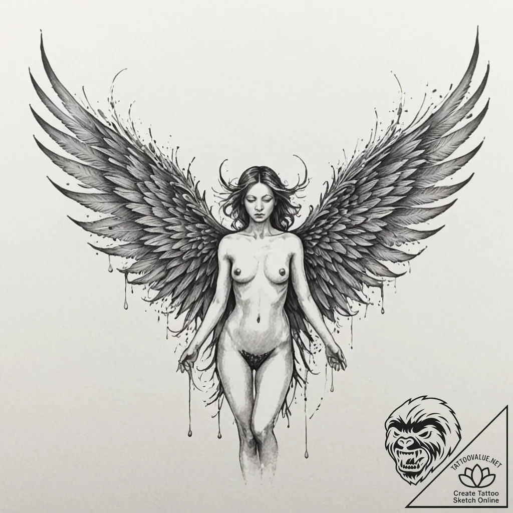 Nymph wings tearing through mist, tattoo line... - tattoo sketch (№1752268615_0, 11.07.2025 21:16) — tattoovalue.net