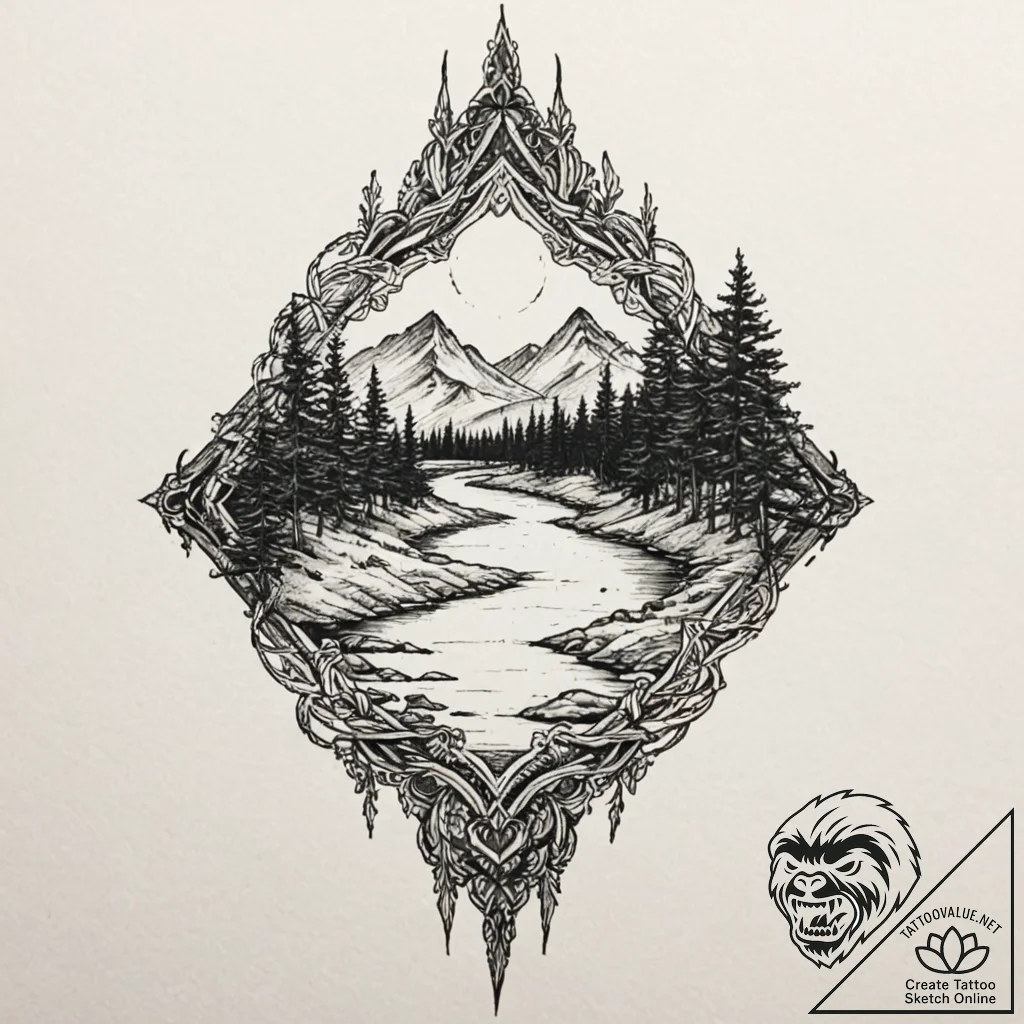 Emerald blade beneath crimson river, ink illu... - tattoo sketch (№1752268699_0, 11.07.2025 21:18) — tattoovalue.net