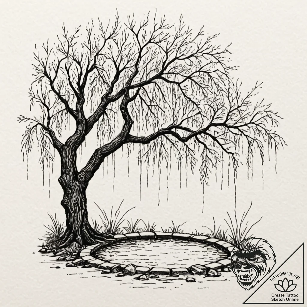Weeping willow tree, its branches gently touc... - tattoo sketch (№1752269034_0, 11.07.2025 21:23) — tattoovalue.net